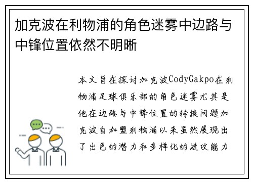 加克波在利物浦的角色迷雾中边路与中锋位置依然不明晰 加克波在利物浦的角色迷雾中边路与中锋位置依然不明晰