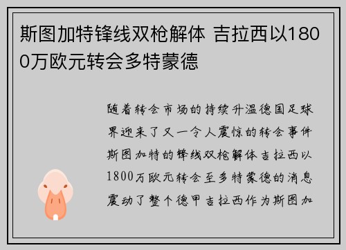 斯图加特锋线双枪解体 吉拉西以1800万欧元转会多特蒙德 斯图加特锋线双枪解体 吉拉西以1800万欧元转会多特蒙德